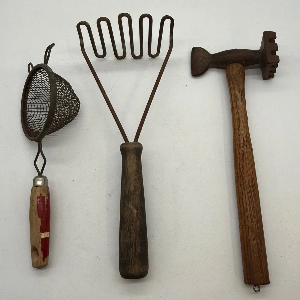 Vintage Antique Primitive Kitchen Tool Lot Potato Masher Meat Mallet Strainer